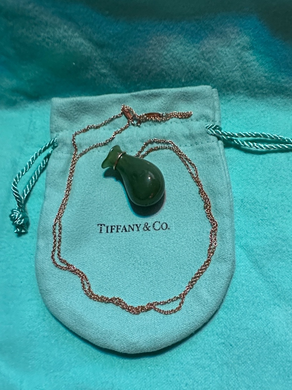 Tiffany & Elsa Peretti Green Jade Jug Pendant Necklace